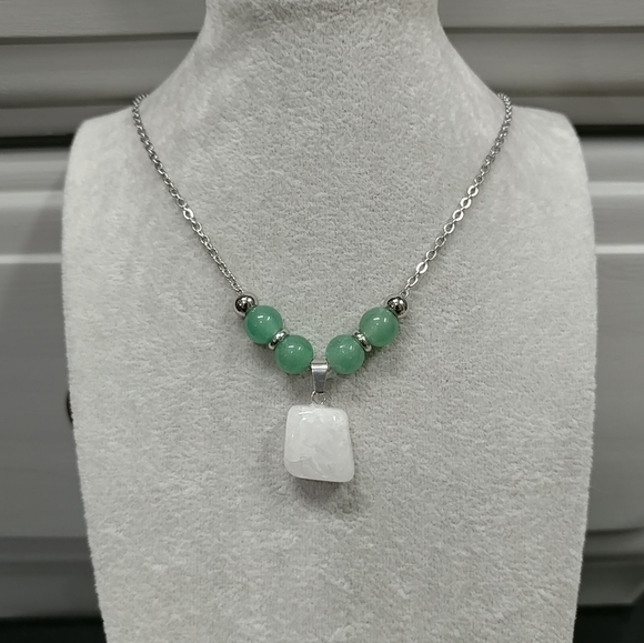 Quartz Crystal Aventurine Beaded Necklace Natural Gemstone Pendant Stainless 20" - Picture 8 of 15